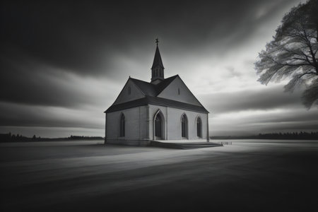 Church on the lake in the evening. Black and white photo. generative aiの素材