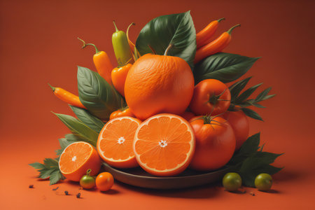 Fresh fruits and vegetables on a orange background. Healthy food concept. generative aiの素材