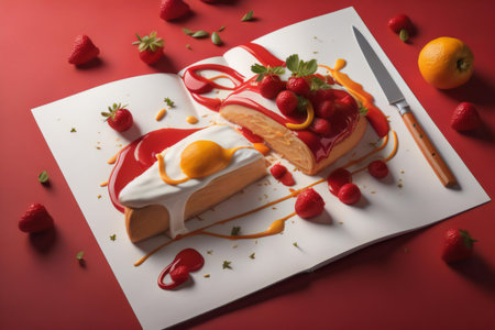 Strawberry crepe cake on red background, top view. generative aiの素材