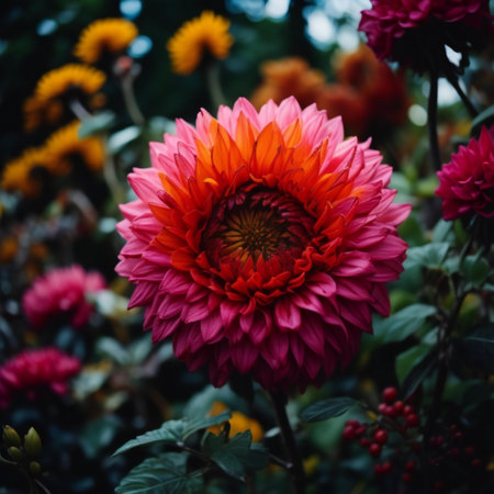 Colorful dahlia flowers in the garden. Selective focus. generative aiの素材