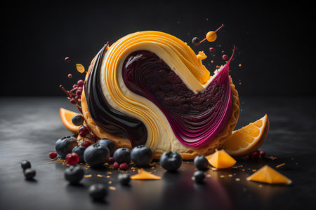Cake with orange and blueberry on a black background. Toned. generative aiの素材