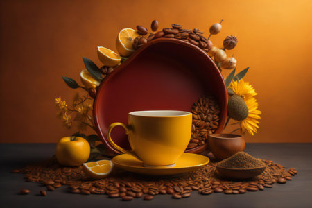 Coffee cup, beans, sunflower and lemon on brown background. generative aiの素材
