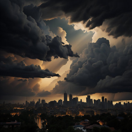 Dramatic sky over the city with dark clouds and sun rays. generative aiの素材