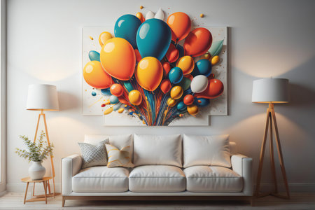 Living room interior with white sofa and colorful balloons. generative aiの素材