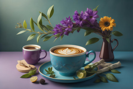 Cup of coffee with latte art and flowers on blue background. generative aiの素材