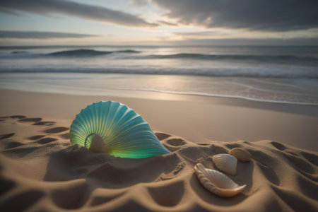 Seashells in the sand on a beach at sunset. generative aiの素材