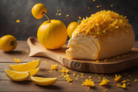 Lemon cake with orange zest on wooden board, selective focus. generative aiの素材