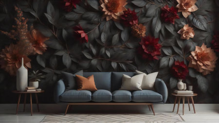 Living room interior design with blue sofa and flowers. generative aiの素材