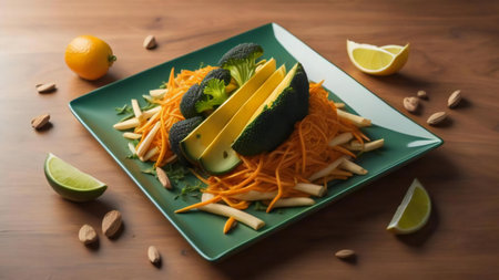 Vegetable salad with avocado, lime and nuts on wooden table. generative aiの素材