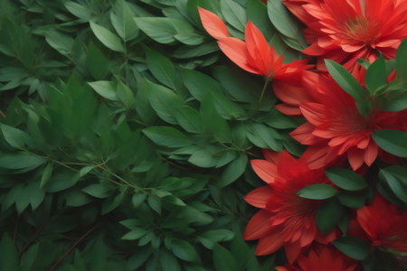 Red flowers and green leaves as natural floral background, top view. generative aiの素材