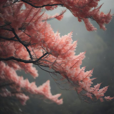 Pink cherry blossoms on a tree in a foggy forest. generative aiの素材