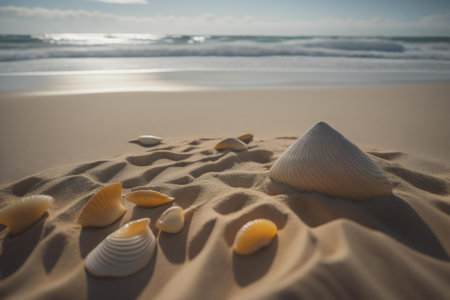 Seashells on the sand of a beach with waves in the background. generative aiの素材
