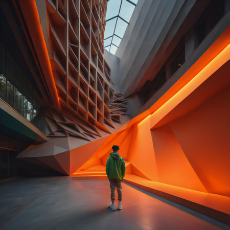 a young man standing in front of a modern building. generative aiの素材