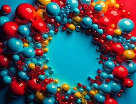 Colorful beads on blue background. Top view. Copy space. generative aiの素材