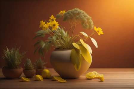 Yellow daffodils in a vase on a wooden background. generative aiの素材