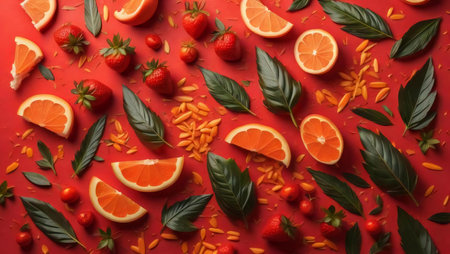 Orange, lemon, grapefruit and leaves on a red background. generative aiの素材