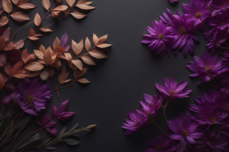 Purple flowers on black background. Floral pattern. Flat lay, top view. generative aiの素材