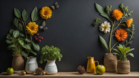 Flowers in vases on a wooden shelf against a dark wall. generative aiの素材