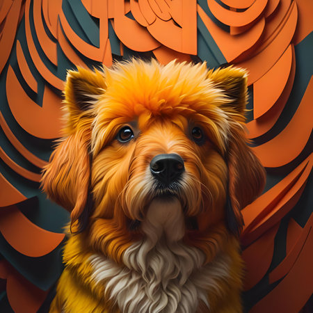 Cute dog with orange hair and an orange pattern on the background.  generative aiの素材