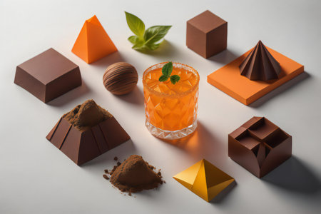 Composition with glass of orange cocktail and chocolate bars on light background. generative aiの素材