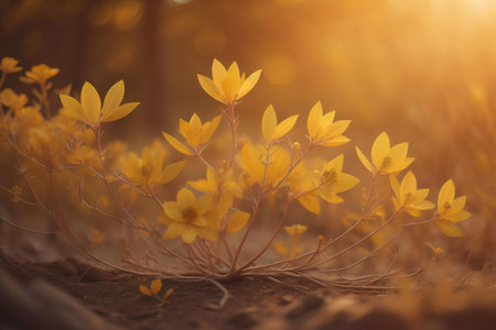 Beautiful yellow spring flowers in the forest at sunset. Spring background. generative aiの素材