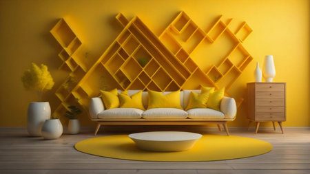 Modern living room with yellow wall and sofa. generative aiの素材