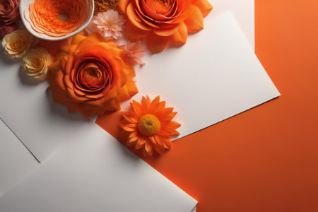 top view of paper, envelope and flowers on orange background with copy space. generative aiの素材