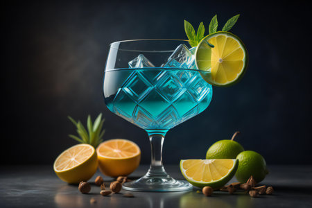 Blue Curacao cocktail with lime, mint and ice on dark background. generative aiの素材