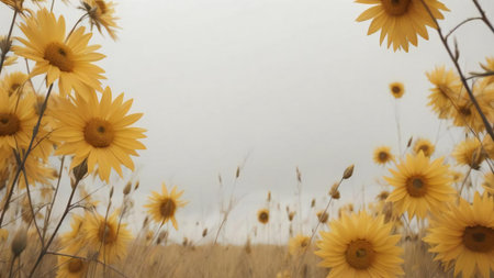 Beautiful yellow sunflowers in the field with foggy background. generative aiの素材