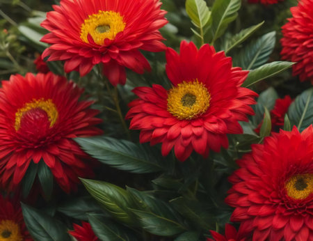 Beautiful red chrysanthemums in the garden, stock photo. generative aiの素材