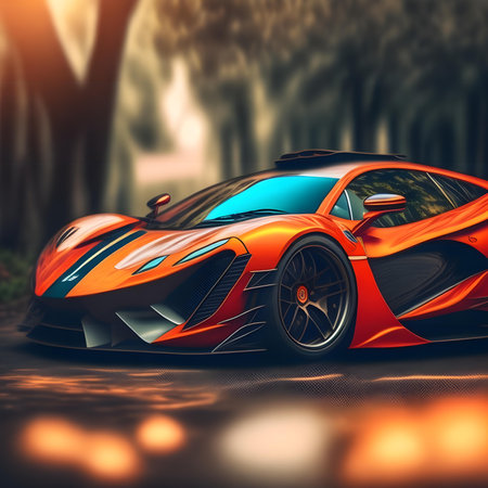 Futuristic orange sports car in the forest. generative aiの素材