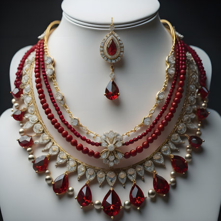 necklace with red beads on a mannequin in a jewelry store. generative aiの素材