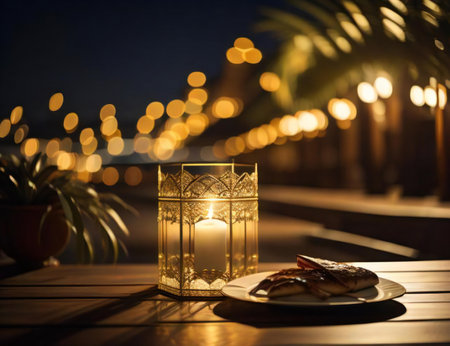 Lantern on the table in a restaurant with palm trees at night. generative aiの素材