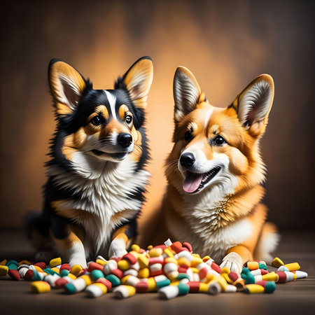 Two Welsh Corgi dogs with colorful candies on wooden floor. generative aiの素材