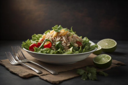Salad with chicken and vegetables in a bowl on a dark background. generative aiの素材
