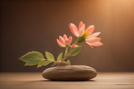 Flower in wooden pot on wood table with sunlight, stock photo. generative aiの素材