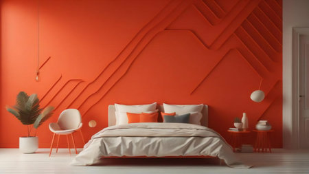 Interior of modern bedroom with orange walls, white floor and orange bed. generative aiの素材