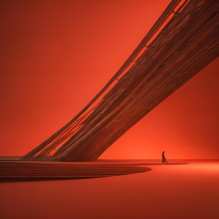 Concept or conceptual 3D abstract red background with a person walking on the bridge. generative aiの素材