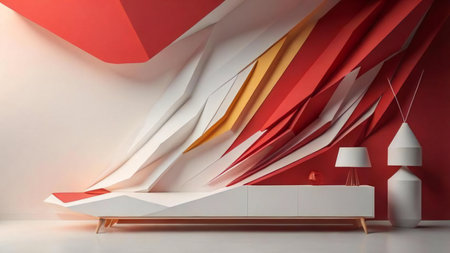 Interior of modern living room with red and white walls, concrete floor, comfortable sofa and lampshades. generative aiの素材
