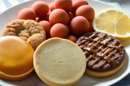 Close up of a plate full of homemade cookies, eggs and lemon. generative aiの素材