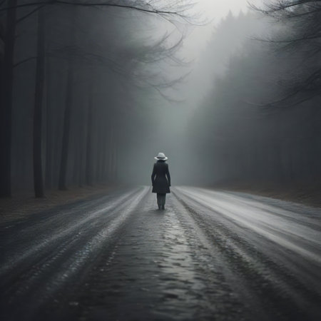 Mysterious woman walking on a wet road in a foggy forest. generative aiの素材
