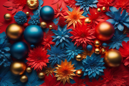 Festive background with red and blue flowers and golden balls, top view. generative aiの素材