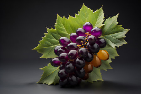 Grapes with leaves on a black background. Close-up. generative aiの素材