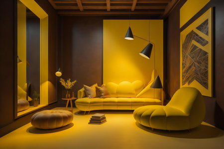 Interior of modern living room with yellow sofa and lamp, generative aiの素材