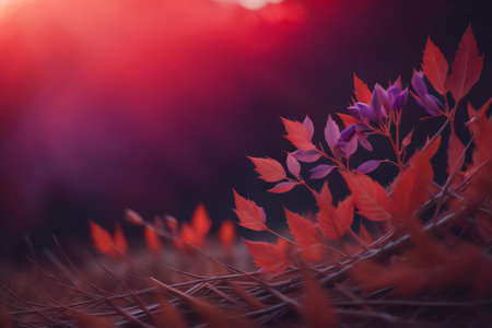 Autumn background with red leaves and bokeh lights. Close-up. generative aiの素材