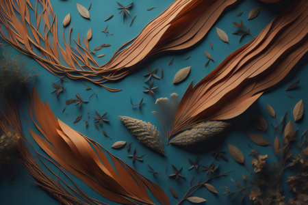 Abstract floral composition with golden leaves on blue background. ai generatedの素材