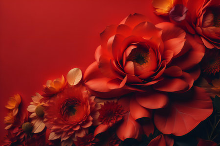 Beautiful bouquet of flowers on a red background. Flat lay, top view. generative aiの素材