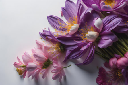 Bouquet of pink crocus and chrysanthemum flowers. generative aiの素材