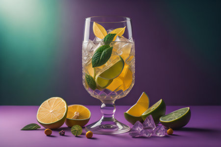 Glass of mojito cocktail with lime, lemon and mint on purple background. generative aiの素材