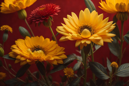Bouquet of yellow and red daisies on a red background. ai generatedの素材
